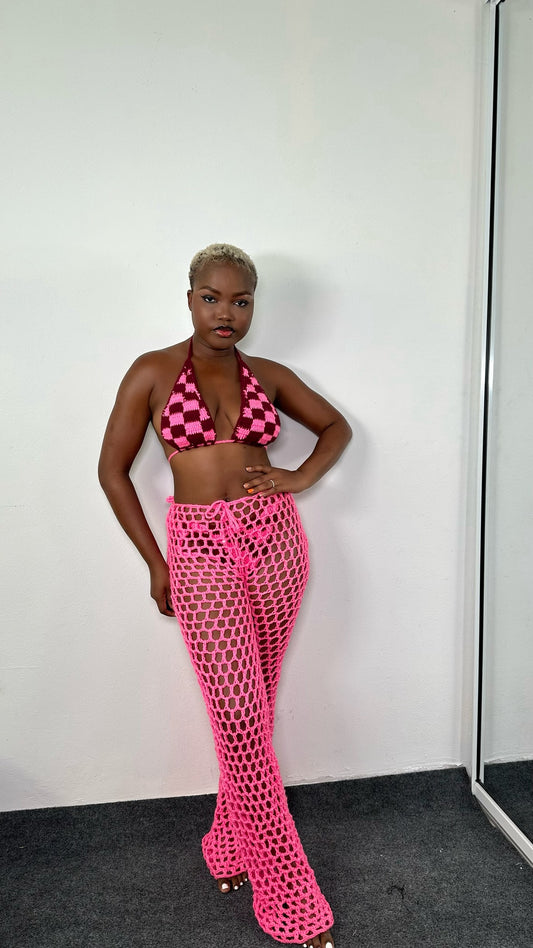 Check bikini plus mesh trousers (pink/maroon)