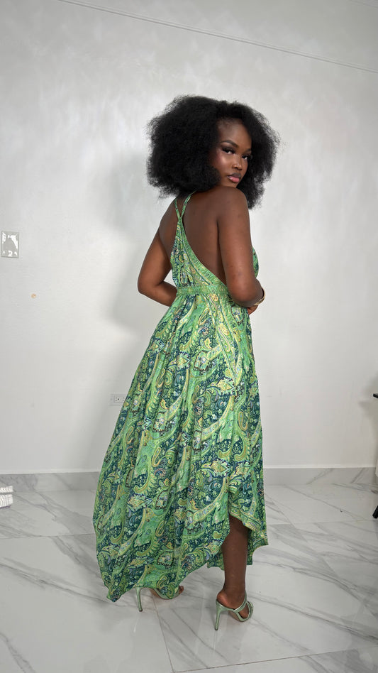 Green Paisley Maxi Dress – Boho Summer V-Neck Flowy Dress