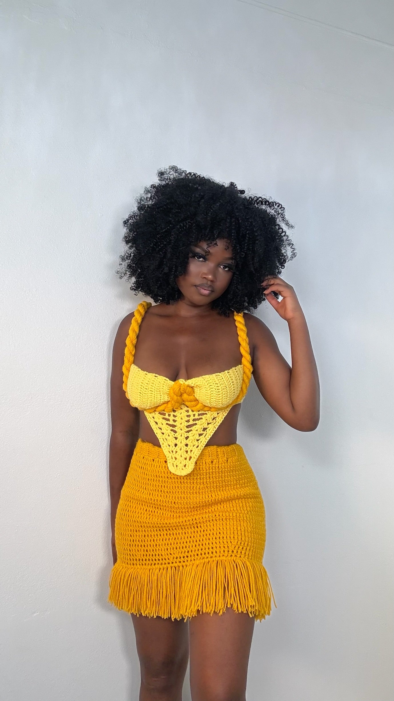 Crochet boho corset (twisted sleeves) top with fringe mini skirt