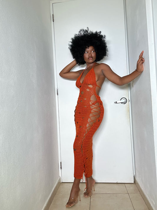 CORAL CUT CROCHET MAXI DRESS