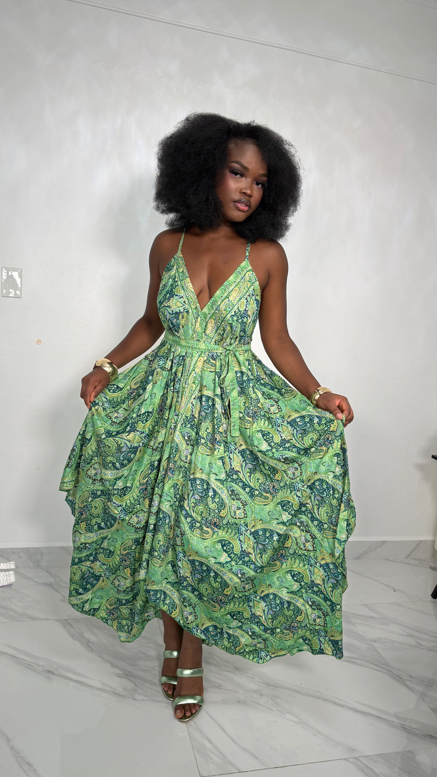 Green Paisley Maxi Dress – Boho Summer V-Neck Flowy Dress