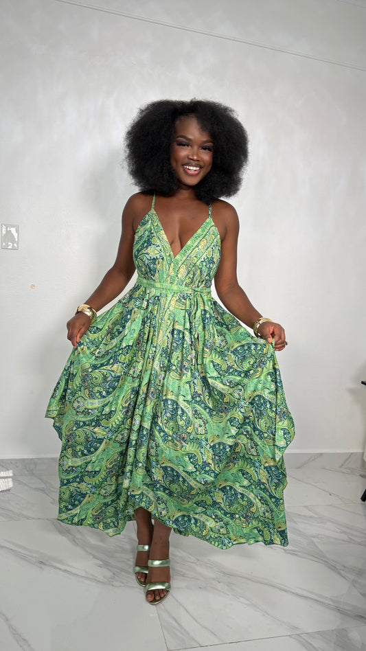 Green Paisley Maxi Dress – Boho Summer V-Neck Flowy Dress